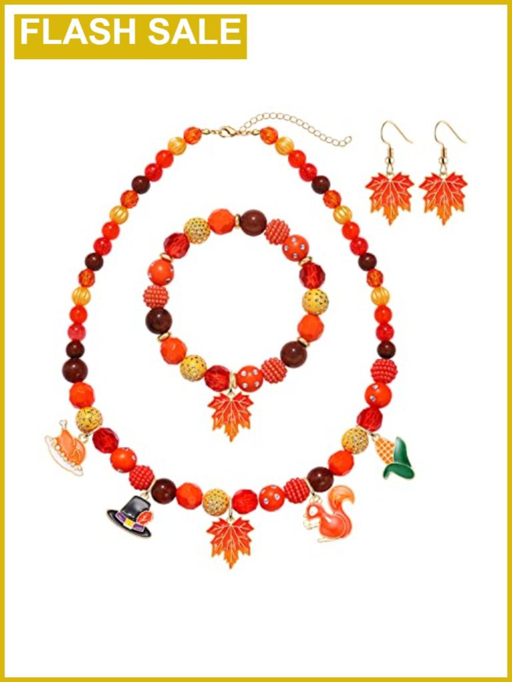 Thanksgiving Jewelry Set Beaded Necklace Bracelet Earrings Fall Charm Beaded 3